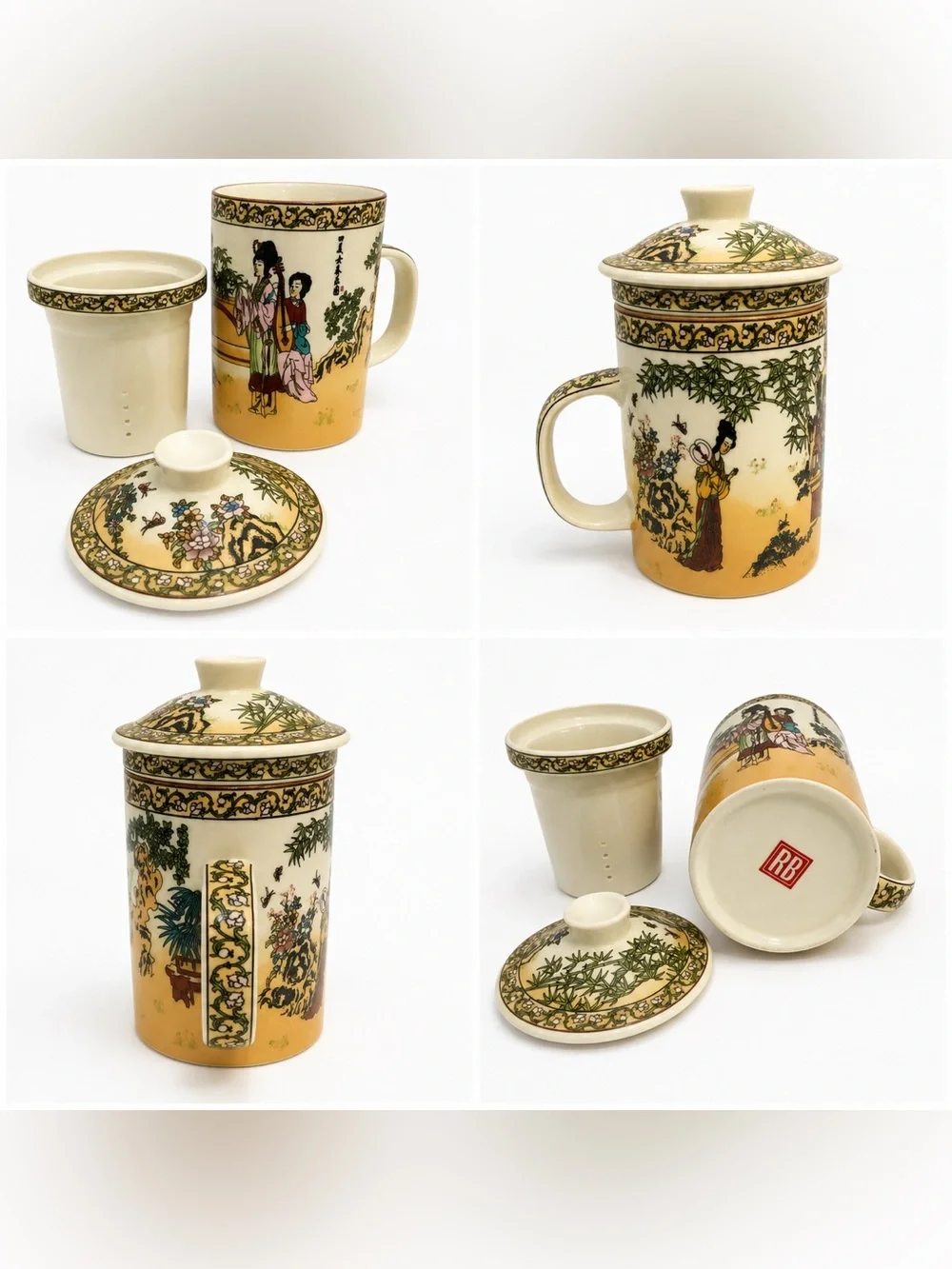 Vintage RB Asian Chinese Tea Infuser Mug Strainer Lid Geisha Floral Bamboo